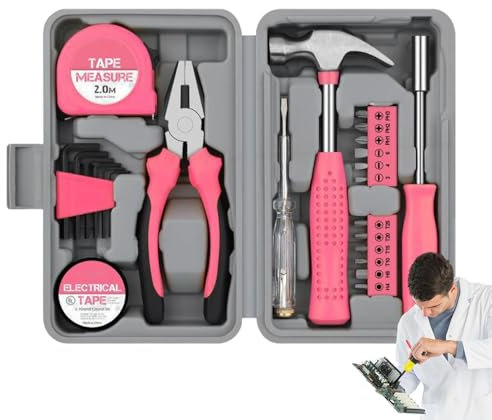 Boîte à Outils Rose pour la Maison | Trousse à Outils de Petite Taille | Ensemble d'Outils Tout Usage avec Boîte de Rangement pour Réparations, Maison, Brico et Travaux Domestiques