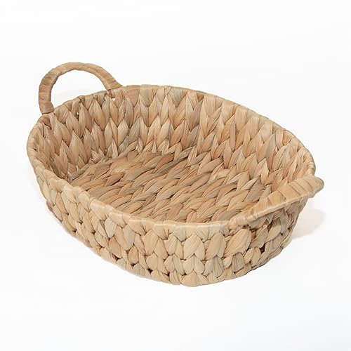 Wickerfield Water Hyacinth Woven Storage Basket for Shelves Wicker Gift Hamper with Handle Small Home Office Kitchen Bathroom Organizer (Oval)