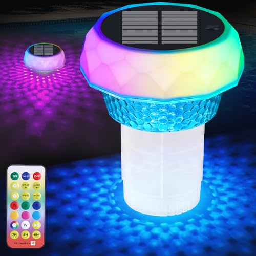 Pool Chlorine Floater with Solar Light Sensor Lamp（Only Lights Up at Darkness）, Floating Dispenser Fits 3” Tablets(Tablets NOT Included), Anti-Sinking Chlorine Holder for Pool Hot Tub Spa Party