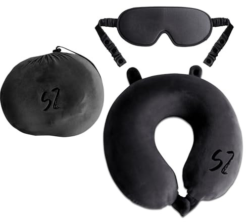 Snooze Zone -2in1 Nackenkissen Flugzeug Mit Augenmaske, Einzigartiges Reisekissen Flugzeug, Memory Foam Reise Gadgets, Leicht Zu Verstauen Nackenkissen, Praktisches Nackenhörnchen-Schwarz