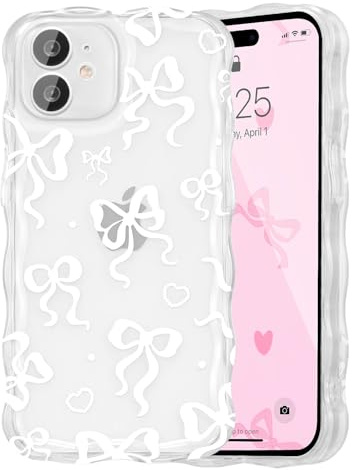 UEEBAI Bow Case for iPhone 12, Wavy Cute Ribbon Pretty Aesthetic Case Curly Stylish Soft Wave Clear Phone Shockproof Protective Pretty Cover for Women Girl - White