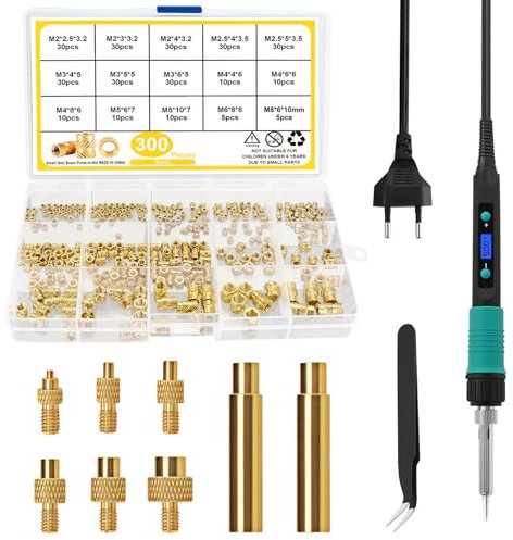 Set di 310 inserti filettati per saldatore, 100 W, LCD, temperatura regolabile, saldatore con 6 punte di saldatura, 300 inserti filettati M2 M2.5 M3 M4 M5 M6 M8 3D pressione dadi monofusione ecc