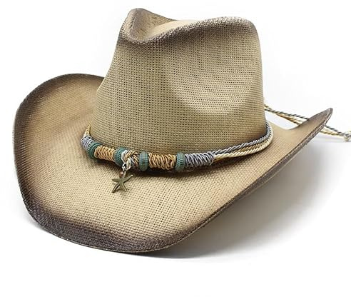 Jellecutte Strohhut Cowboy Hut Westernhut Damen und Herren, Sommerhut mit breiter Krempe, Atmungsaktiver Sonnenhut für Festival Strand Outdoor, 57-58cm, abnehmbares Boho-Band-Beige