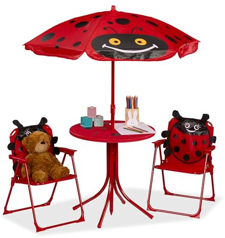 Relaxdays Camping Kindersitzgruppe, Marienkäfer Motiv, Kindersitzgarnitur mit Sonnenschirm, Klappstühlen & Tisch, rot