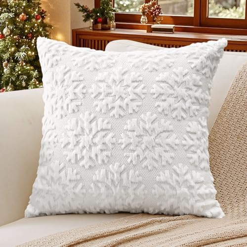 Artscope 1er Set Wolle Kissenbezüge Weicher Plüsch Kurzer Wollsamt Dekokissenbezuge Weihnachten Sofakissen Europäische Kissenhülle für Sofa Schlafzimmer Schneeflocke Weiß, 50x50cm