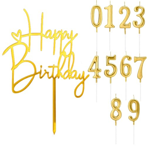 Gleevio Gold Happy Birthday Tortendeko mit Geburtstagskerzen Zahlen 0-9, Tortendeko Geburtstag, Cake Topper Happy Birthday Deko Torte, Acryl Kuchendeko Geburtstag 1,6,7,9,18,20,30,40,50,60