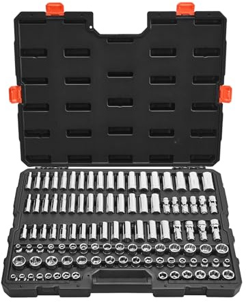 VEVOR Juego de Llaves de Vaso, con Accionamiento 9,5 mm, Medidas Métricas 6 a 24 mm, Profundas y Estándar, para Mecánicos con Estuche, Acero de Aleación CR-V Cromado, 535 x 410 x 89 mm, 104 uds