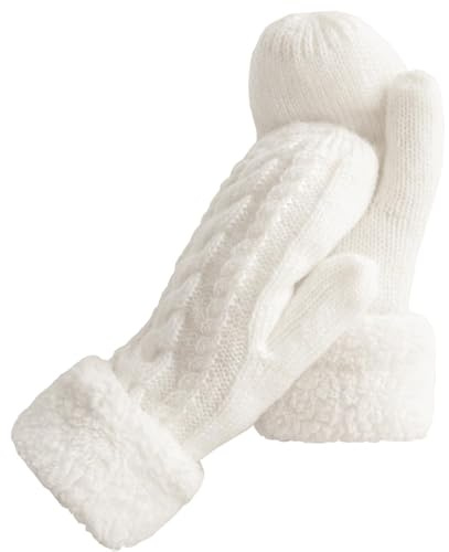 QINQINZIJIN Handschuhe Winter Damen, Damen Strickhandschuhe, Warme Dicke Fausthandschuhe, Weich Gestrickt Handschuhe für Outdoor Aktivitäten Radfahren Skifahren, Winter Weihnachts Geschenke - Weiß