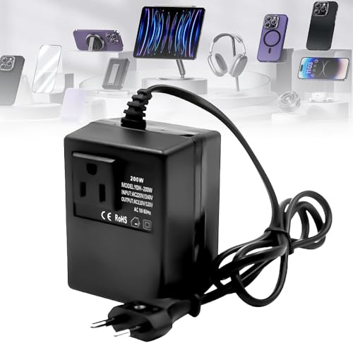KBIBCK Spannungswandler Transformator 220V auf 110V, 200W Netzadapter Schritt Runter Stromkonverter, Reisestromadapter Spannungswandler mit EU Stecker für Luftreinigern verwendet,Computern Minikameras