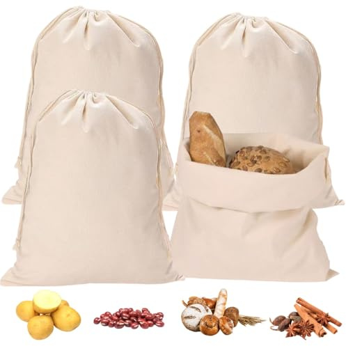 Lyivisk Lot de 4 sacs à pain en lin, 30 x 40 cm, pour garder au frais, avec cordon de serrage, réutilisables, pour pain, baguettes, fruits, légumes