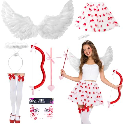 Disfraz de Cupido para Mujer, shallyong Disfraz Angel Mujer, Arco y Flecha de Cupido, Alas de Ángel, Tatuaje Facial, Diadema, Falda de Tul Blanca, Calcetines Blancos Hasta la Rodilla con Lazo Rojo