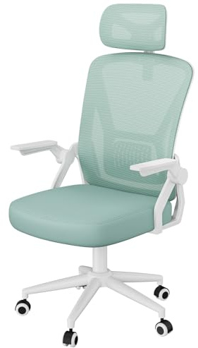 rattantree Office Desk Ergonomic Chairs Computer Chair with Adjustable Headrest Swivel Mesh Chairs with Flip-up Armrests, High Back Chair for Work Study (Classic, White-green)