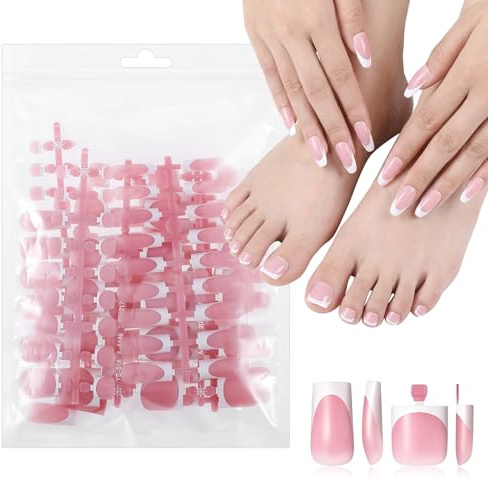 Ouligay 120PCS White French Tip False Nails & False Toenails Set Square Fake Toe Nails Medium Fake Nail Tips Soft Gel Nail Tips Stick on Nails Art DIY Gifts for Women