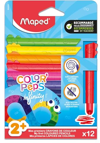 Maped COLOR'PEPS INFINITY KIDY Buntstifte 12er Set – JUMBO Farbstifte ohne Holz, 100% Mine, kein Anspitzen, ergonomische Dreikantform, Malstifte für Kinder ab 2 Jahren