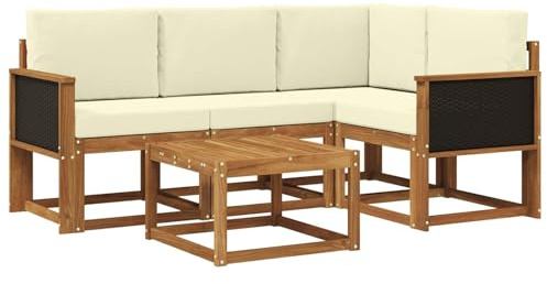 vidaXL Outdoor-Sofagarnitur mit Kissen 5 pcs Natur und Creme Polyester, Gartenmöbel, modernes Loungesofa, Eckset für die Terrasse, Robustes Sitzmöbel für drinnen und draußen