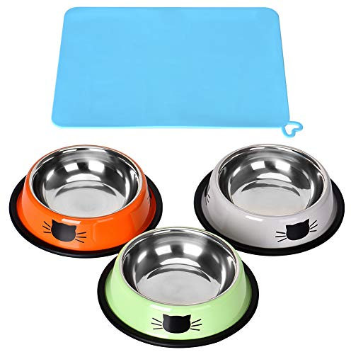 3 Pieces Cat Food Bowls, Queta Stainless Steel Cat Bowl Set Feeding Bowl Water Bowl Non-slip with a Bowl Mat
