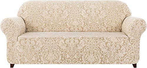 subrtex Damast Sofabezug Stretch Sofahusse Couchbezug Sesselbezug Elastischer Blumenmuster rutschfest Stretchhusse Weich Stoff(2 Sitzer,Beige Muster)