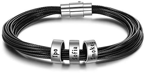Personalised Leather Mens or Womens Bracelets Sterling Silver Name Beads Charm Bracelets for Dad Strapping Leather Cord Engraved 3 Family Name ID Bracelet Customised Father Grandad Birthday