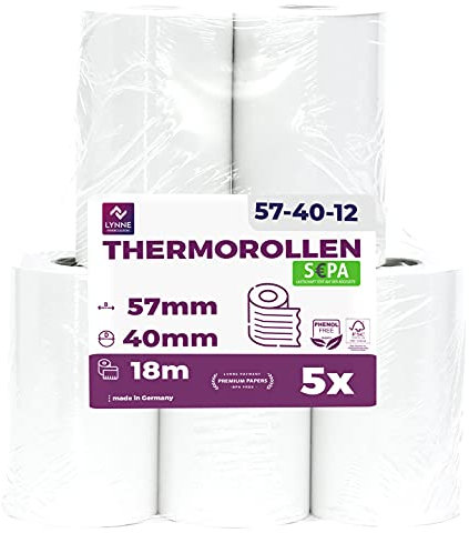 Ec-Cash Thermorollen 57mm x 18m x 12mm - Kassenrollen - Thermopapier - Bonrollen für Bankomat - Kredit-Kartenlesegeräte (57x40x12) mit SEPA-Lastschrifttext (5 Rollen)