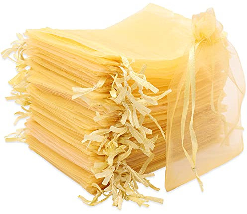 Leeyunbee 100 Stück Golden Organzasäckchen 10 x 15 cm Organzabeutel, Säckchen Geschenk Schmuck Hochzeit Bonbonsbeutel Für Festival Party und Hochzeit, Satin-Kordelzug