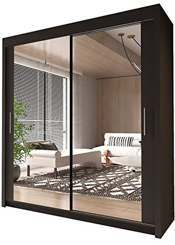 INTERWOOD Modern Full Mirror 2&3 Sliding Doors Wardrobe With Adjustable Shelves, Hanging Rails, Bedroom Furniture (Black 180cm)