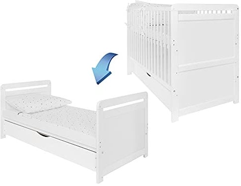 iGLOBAL 2-in-1 Babybett Gitterbett Kinderbett mit Matratze höhenverstellbar umbaubar zum Juniorbett Unterbettschublade 120x60 cm