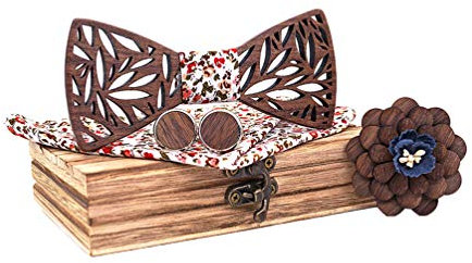 PSZYQF Noeud Papillon en Bois, Noeud Papillon Bois Sculpté avec Broche en Bois à Fleurs + Mouchoir + Boutons de manchette Taille Réglable, pour Mariage Soirée Busines (Style#1, 4PCS)