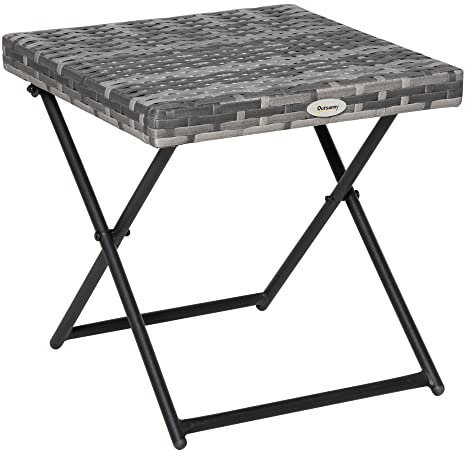 Outsunny Folding Rattan Garden Coffee Table, Small Square Outdoor Bistro Side Table with Rattan Top for Patio, Balcony, Porch, 40 x 40 x 40 cm, Grey