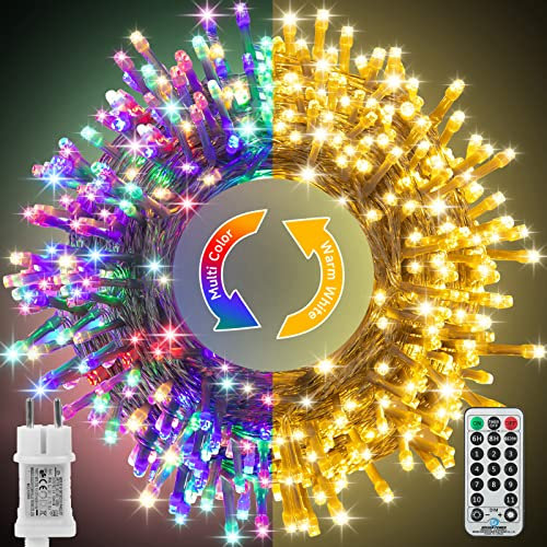 WOWDSGN Lichterkette Außen 30M, 2-in-1 LED Lichterkette (Warmweiß & Klassisch Bunt), GS-geprüfter Stecker, 11 Modi, Fernbedienung & Timer, IP44 Wasserdichte Weihnachtsbeleuchtung für Garten, Balkon