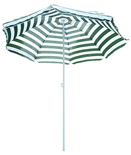 Outsunny Sombrilla de Playa Ø180x200 cm con Techo Inclinable y Poste de Metal Protección Solar para Jardín Terraza Exterior Rayas Verde y Blanco