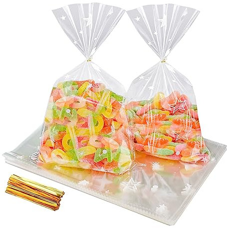 ilauke 200 Groß Cellophantüten Klar 20 x 30 cm Klare OPP Tütchen Geburtstag Gastgeschenke Zellophanbeutel Stern Transparente Plastiktüten OPP Keksbeutel Transparente mit 200 Twist Bindungen