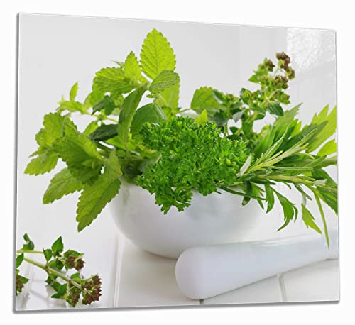 Wallario Herdabdeckplatte/Spritzschutz aus Glas, 1-teilig, 60x52cm mit 13mm hohen Füßen, für Ceran- und Induktionsherde, Welt der Kräuter - Verschiedene Kräuter in einem weißen Mörser