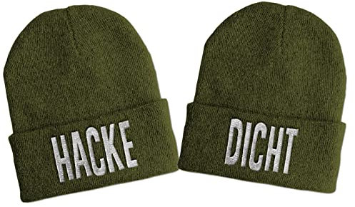 tshirtladen Hacke & Dicht Duo Mütze Olive - 2er Beanie mit Spruch für Paare, Partnerlook, Statement Wintermütze, Partnermütze bestickt für Männer und Frauen, lustige Strickmütze