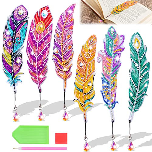 6 Pcs 5D Diamant Painting Lesezeichen Feder,Diamant Malerei Lesezeichen mit Anhänger Kristall,Diamant Painting Lesezeichen Kinder Erwachsene für Anfänger Schule DIY Kunsthandwerk Geschenk
