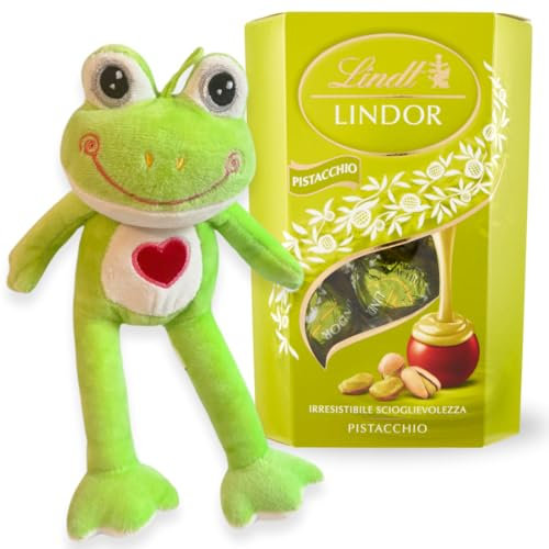 Peluche Regalo San Valentino e Festa della Donna 2025-200gr Cioccolatini al Pistacchio + Ranocchio Peluche 27 cm (PISTACCHIO)