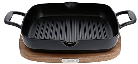 All-Clad Gusseisen-emaillierter quadratischer Grill mit Akazien-Untersetzer, 27,9 cm, Induktionsofen, Grillsicher, 650 F Töpfe und Pfannen, Kochgeschirr, schwarz