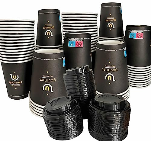 Intertan 100 Kaffeebecher mit Deckel To Go Pappe 240ml Design GOLD GOURMET Pappbecher Einwegbecher für Heißgetränke bis 95°C und Kaltgetränke Papp Becher für Unterwegs, Büro, Uni, Party, Picknick