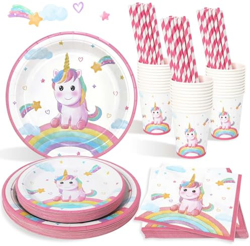 Heboland Set Stoviglie Unicorno Compleanno, 125pcs Rosa Decorazioni Unicorno Compleanno Bambina Piatti, Tovaglioli, Cannucce, Tazze per Primo Festa Bimba - 25 Ospiti