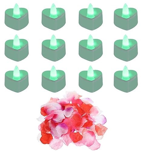 sourcing map Heart Shaped LED Candles Flameless LED Tea Light Candle Green Light with Artificial Rose Petals for Romantic Night Valentine's Day Anniversary Wedding Birthday, 12 Pack