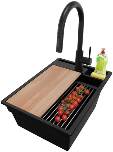 PRIMAGRAN Fregadero Granito Negro 38x53cm, Cocina 1 Seno + Grifo 40x20cm + Sifón + Accesorios, Sobre encimera al mueble 40cm - Oslo Pocket S027