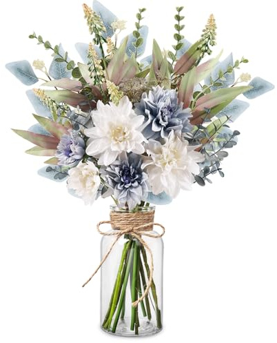 Fake Flowers in Vase Artificial Flowers Coffee Table Decor, Faux Flowers in Vase, Flower Arrangements Artificial Plants Silk Flowers for Home Decor Indoor Centerpiece Table Decorations (Blue White)