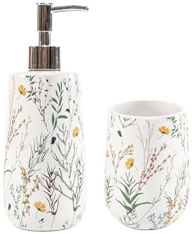 Juego de Baño Diseño de Flores | Dispensador de Jabón y Vaso de Cerámica | Set de Accesorios de Baño 2 Piezas | Dosificador Jabonera y Vaso para Lavabo | Juego de Baño para Aseo | Decoración Hogar