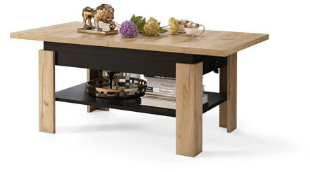 All4All Couchtisch Rino - Kaffeetisch - Wohnzimmertisch mit Ablage - Sofatisch - ausziehbar bis 170cm - höhenverstellbar - 130x65cm - 05 - Gold Craft Eiche + Schwarz