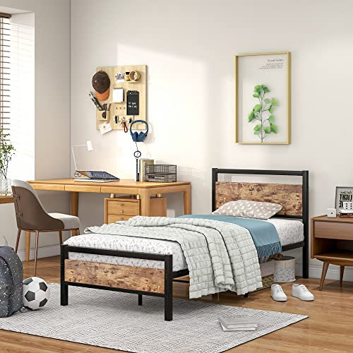 JELUTE Metall-Plattform-Bettgestell, 90 x 190 cm, Einzelbett, mit Kopfteil und Fußteil aus Holz, robuste Stahlstütze, kein Boxspringbett erforderlich, einfache Montage, Schwarz