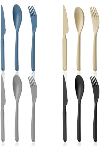 Juego de cuchillos grandes, cucharas y tenedores, 12 utensilios de plástico reutilizables, juego de cubiertos para almuerzo, viajes, escuela, picnic, camping o uso diario