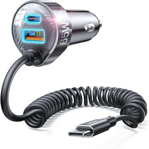 LISEN 65W Car Charger USB C Fast Charge for iPhone 16 with 5FT 30W USB C Coiled Cable Car Phone Adapter PD&QC3.0 USB Charger 12V USB Socket for iPhone 16e 16 Pro Max 15 Plus Samsung IPad Pro
