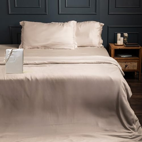 ArthCrafted 100 % österreichisches Eukalyptus-Tencel-Bettwäsche-Set, luxuriös, kühlendes Bettbezug-Set, 8 Eckschlaufen, 1 übergroßer Hotel-Bettbezug, 2 Kissenbezüge, seidig weich, leicht (Hafermilch,