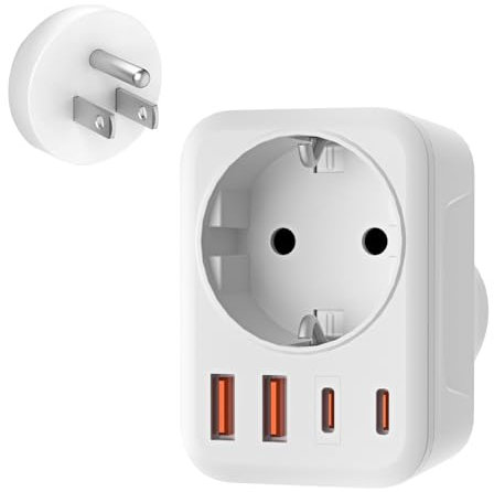 Denlane Adaptador Enchufe EE.UU. 5 en 1 UE con 1 AC 2 USB-C 2 USB-A (3,4A), Adaptador de Viaje 3750W UE a EE.UU. para América Canadá Tailandia México Tipo-B