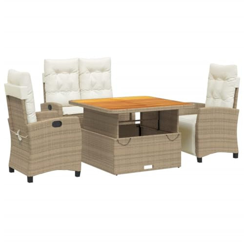 vidaXL Garten Essgruppe mit Kissen 4-TLG., Gartenmöbel Set Sitzgruppe, Essgarnitur Gartengarnitur, Terrasse Balkon Möbel Garnitur, Beige Poly Rattan