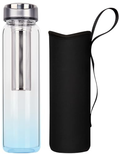Reeho 32 oz Glass Water Bottle with Tea Infuser reusable Tea Tumbler with Strainer portable Travel Mug with Sleeve for Loose Leaf Tea, Cold Brew Coffee, Infused Fruit Water (Blue)